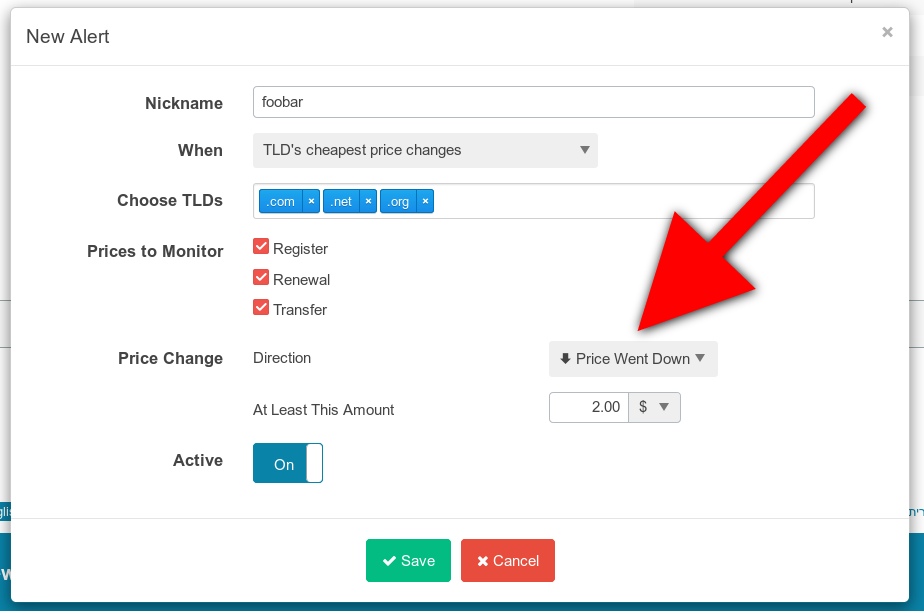 minimum price change alert setting