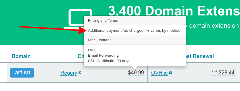 Payment method fee main list